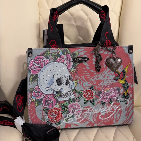Ed Hardy Handbags - Ed Hardy Pink and Gray Tote with Skull Design